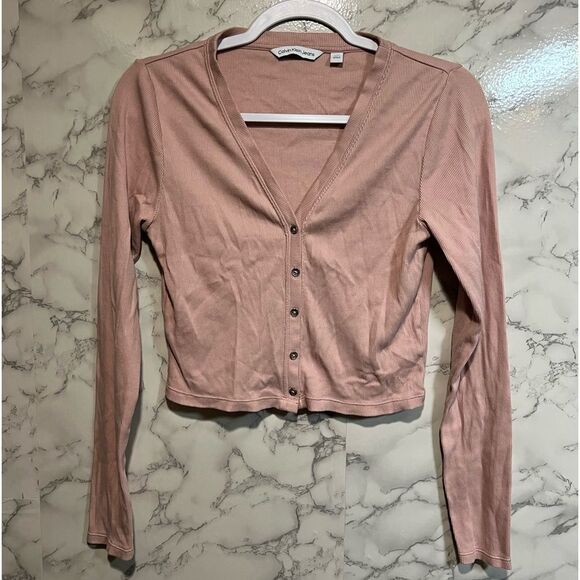 Calvin Klein Dusty Pink Crop Button Down Top Ribbed Long Sleeve Size S - Picture 1 of 5